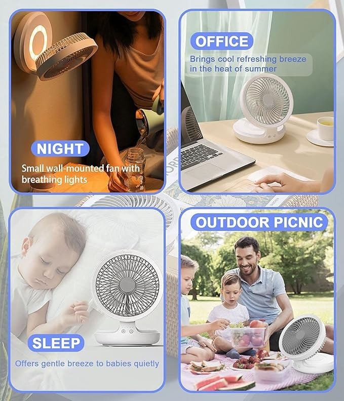 USB Desk Fan, Portable Rechargeable Quiet Table Fan Oscillating Desktop Fan with Night Light