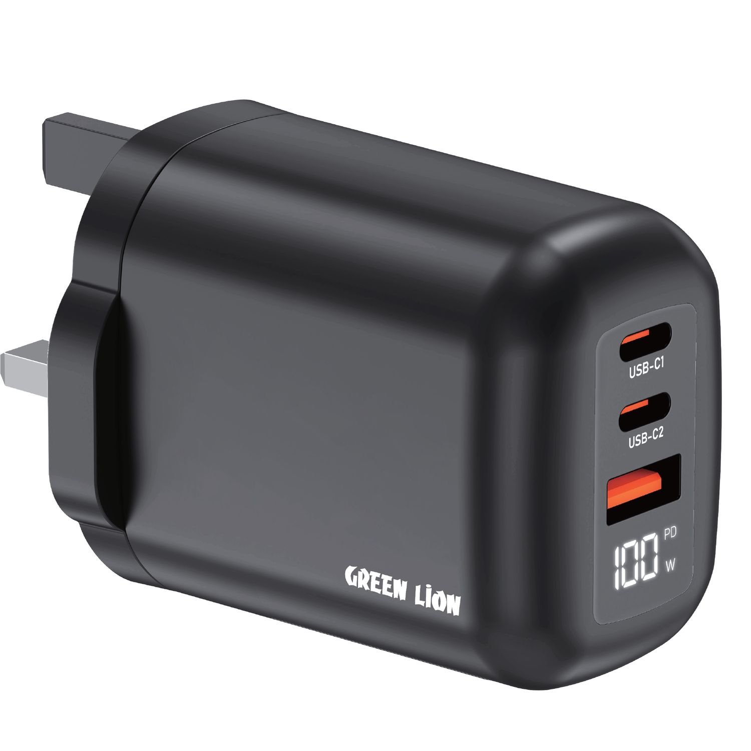 شاحن جداري سريع 100 واط بمنافذ USB C و USB A باللون الاسود من غرين ليون Green Lion Q- Series Uk Plug Wall Charger