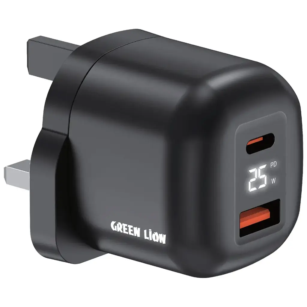 Green Lion شاحن Q-Series بمنفذ USB-C وA مع تقنية PD 25 واط وQC 3.0 مع شاشة عرض في الوقت الفعلي - أسود