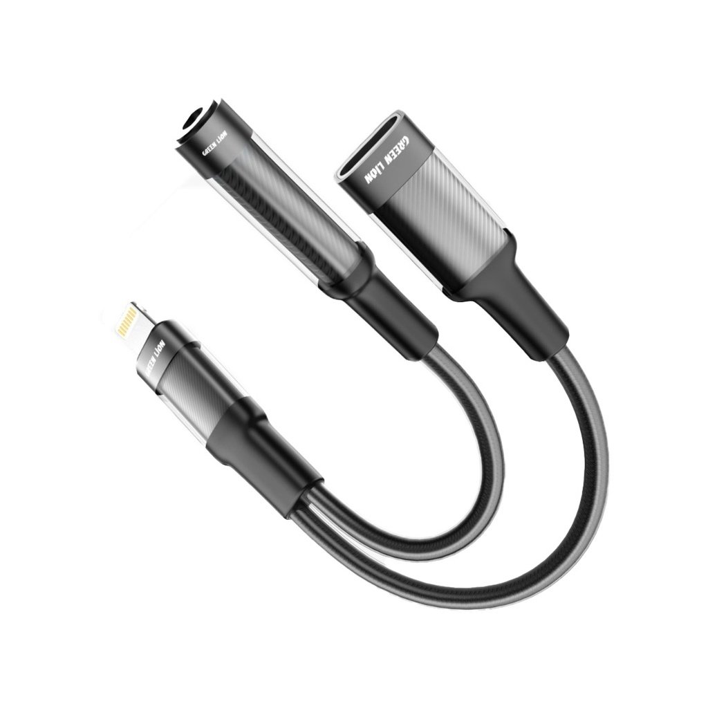 Green Lion  2 in 1 Earphone &amp; Charging  Adapter Lightning to Lightning +  3.5 12CM - Black