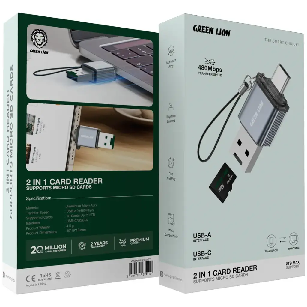 Green Lion 2  in1 Card Reader - Micro SD Cards - Gr