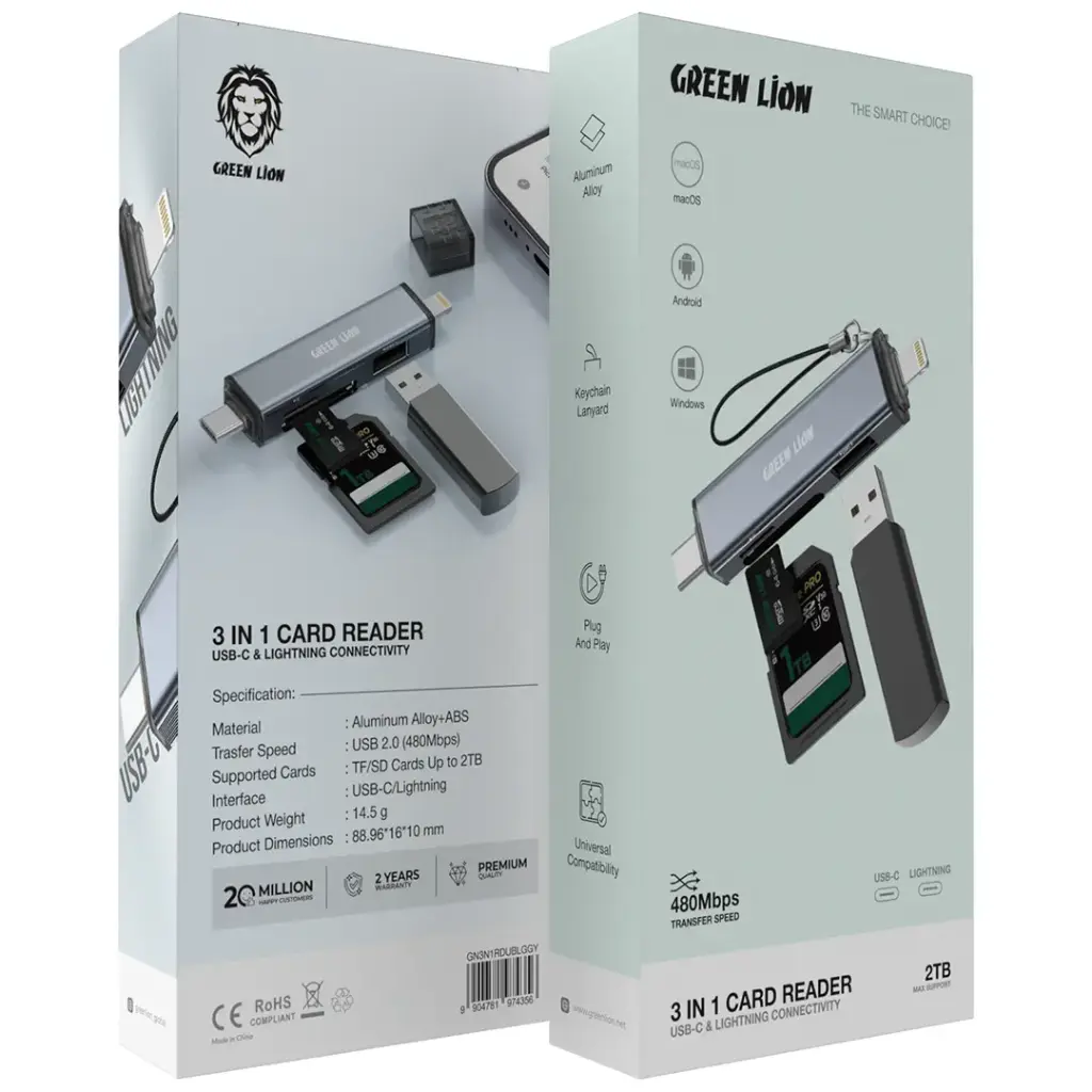 Green Lion 3  in1 Card Reader - USB-C &amp;  Lightning Connectivity- Gray