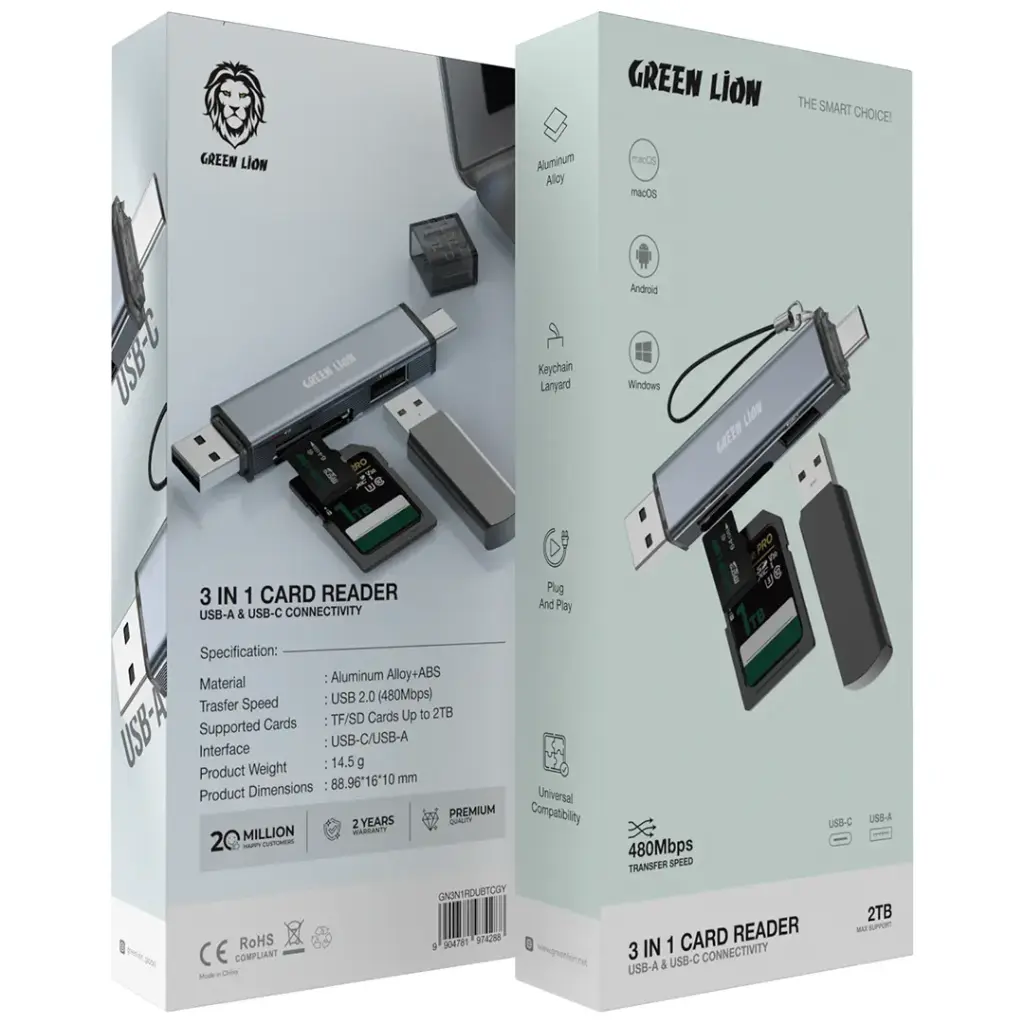 Green Lion 3  in1 Card Reader - USB-A &amp; USB-C  Connectivity- Gray