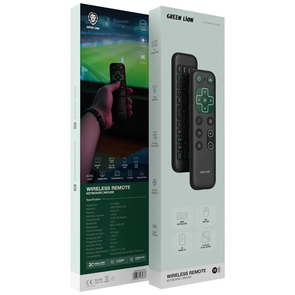 Green Lion Wireless Remote with Keyboard and Mouse, Dual Mode 2.4G