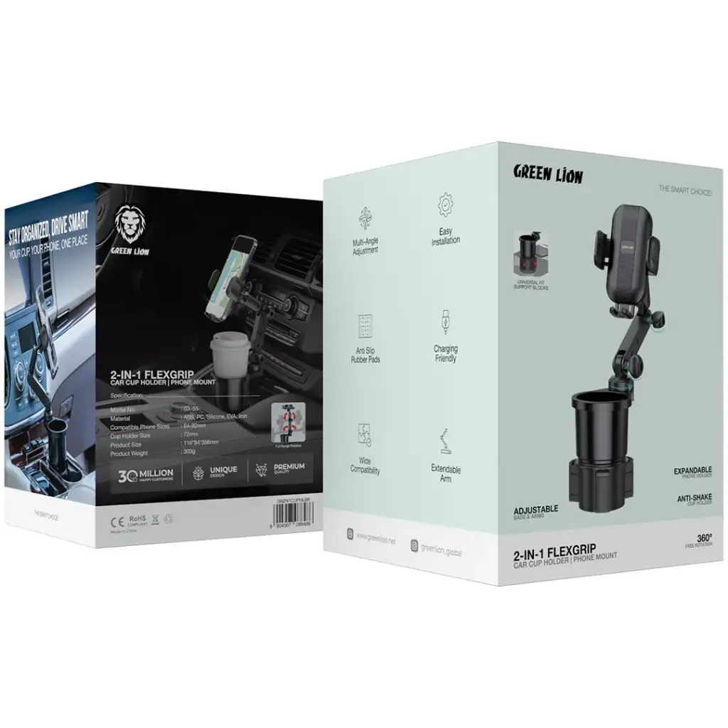 Green Lion 2-In-1 Flexgrip Car Cup Holder &amp; Phone Mount - Black
