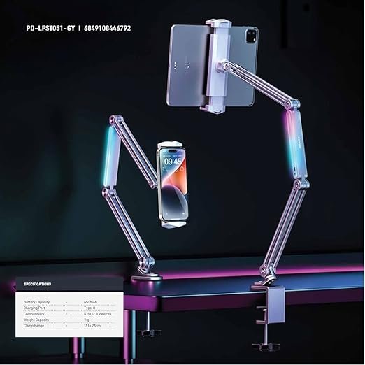 Porodo Alum.  Alloy Adjustable and Foldable  Cantilever Baracket with LED  -  Grey