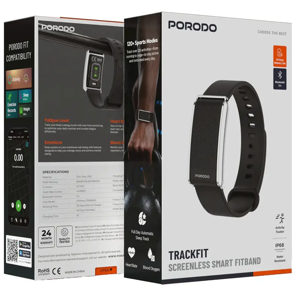 Porodo Trackfit  Screenless Silicone  Fitband  BlackStrap Silver Case - Black