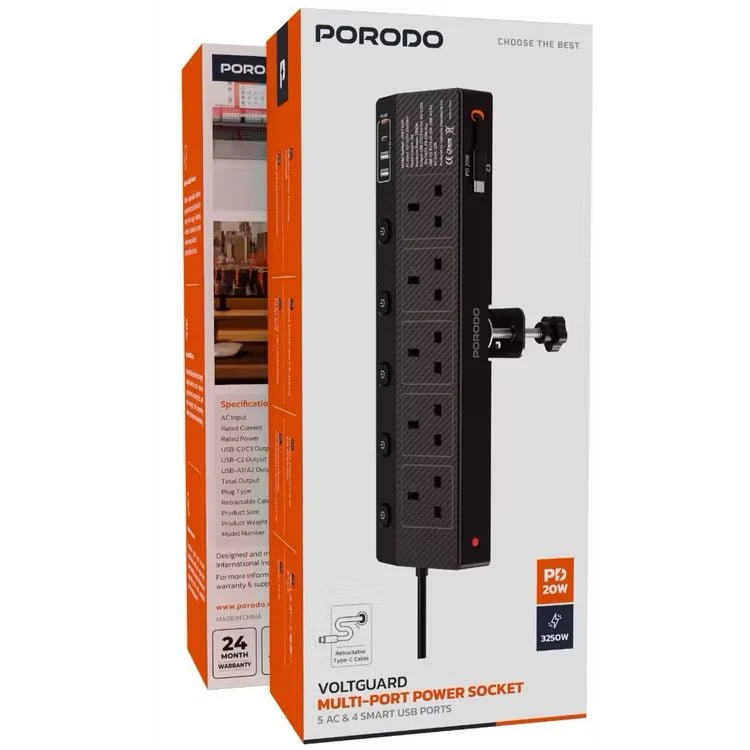 porodo voltguard multi port power socket 5 ac