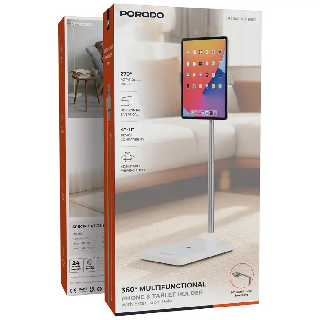 Porodo 360° Multifunctional Phone &amp; Tablet Holder with Extebdable Pole - White