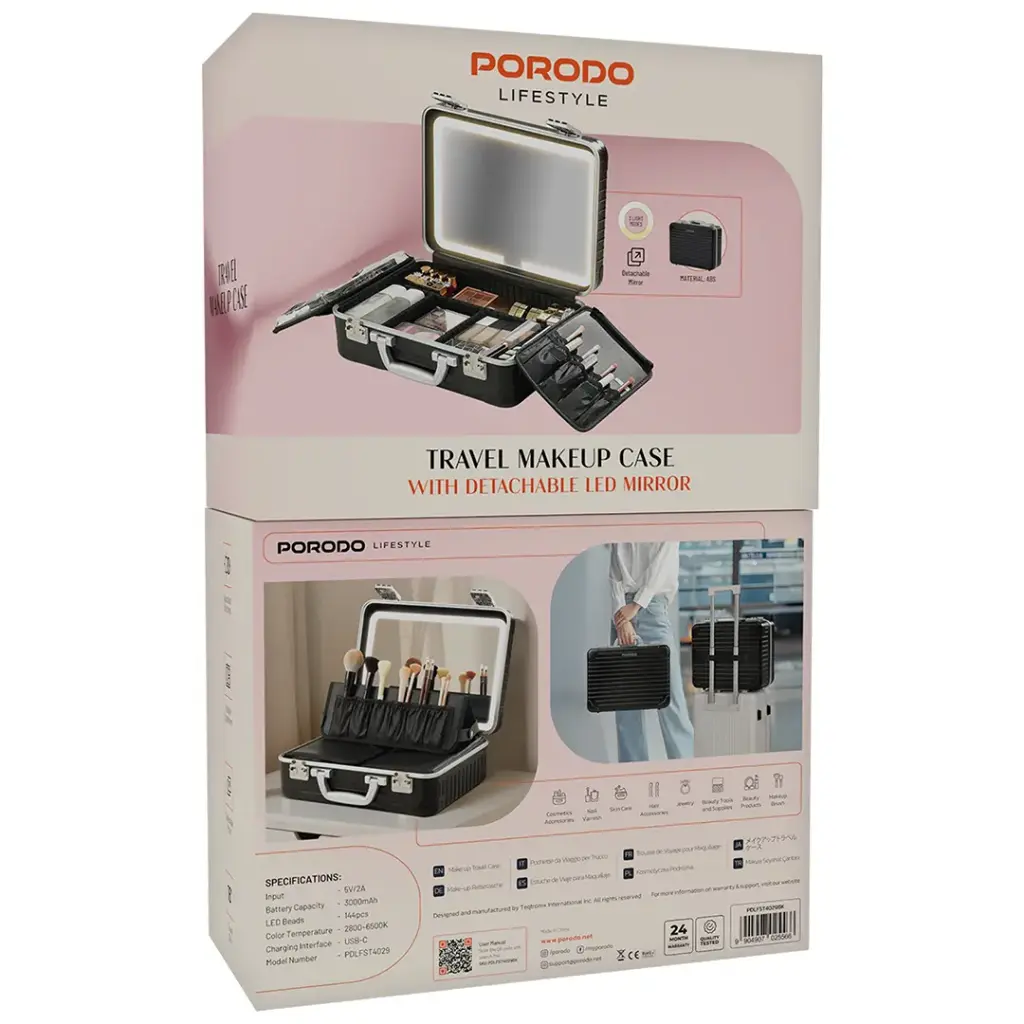 Travel Makeup Bag with Detachable LED Mirror - Black