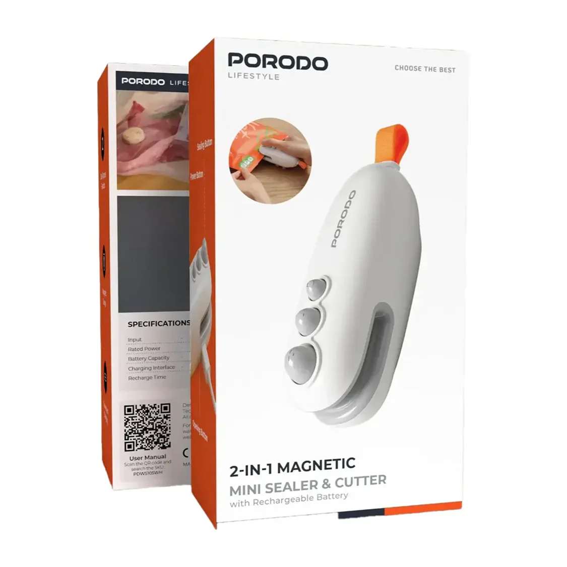 Porodo Lifestyle 2-In-1 Magnetic Mini Sealer &amp; Cutter With Rechargeable Battery - White