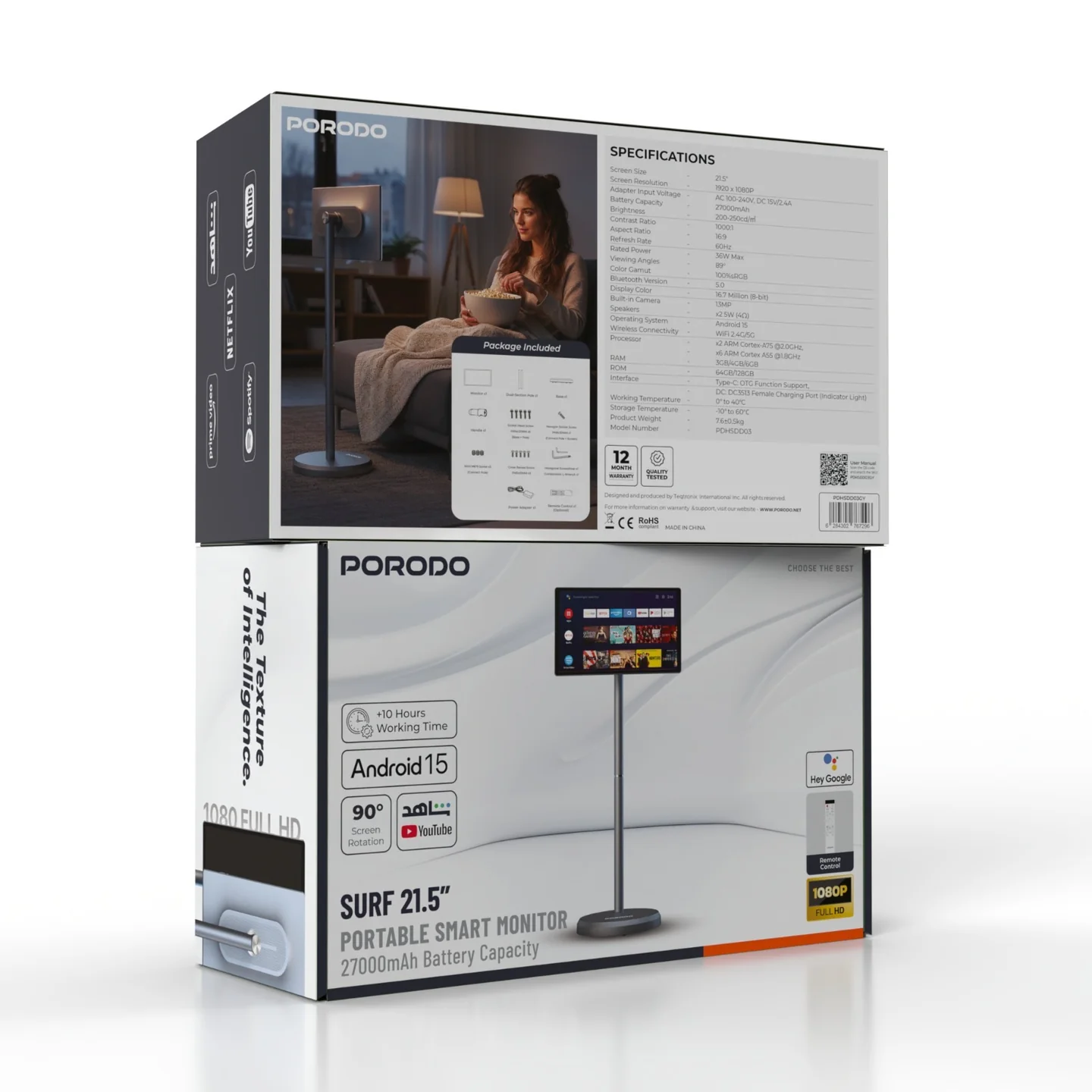 Porodo Surf 21.5" Portable Smart Monitor with 27000mAh Battery Capacity - Gray