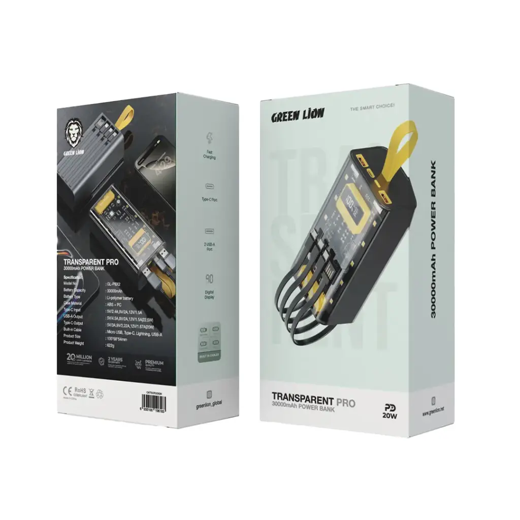 Green Lion Transparent Pro 30000mAh Power Bank - Black/Yellow