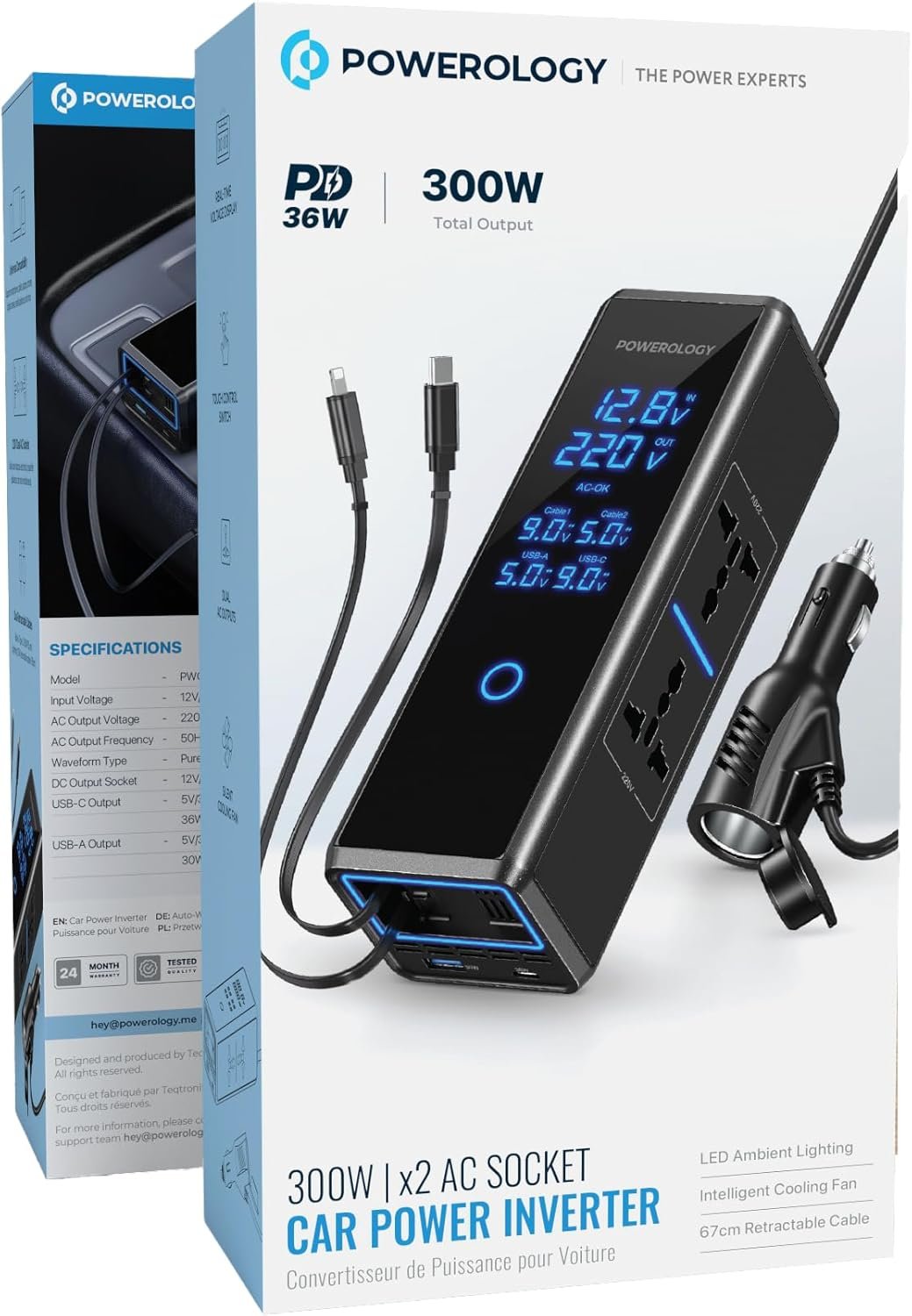 Powerology 300W x2 AC Socket Car Power Inverter - Black