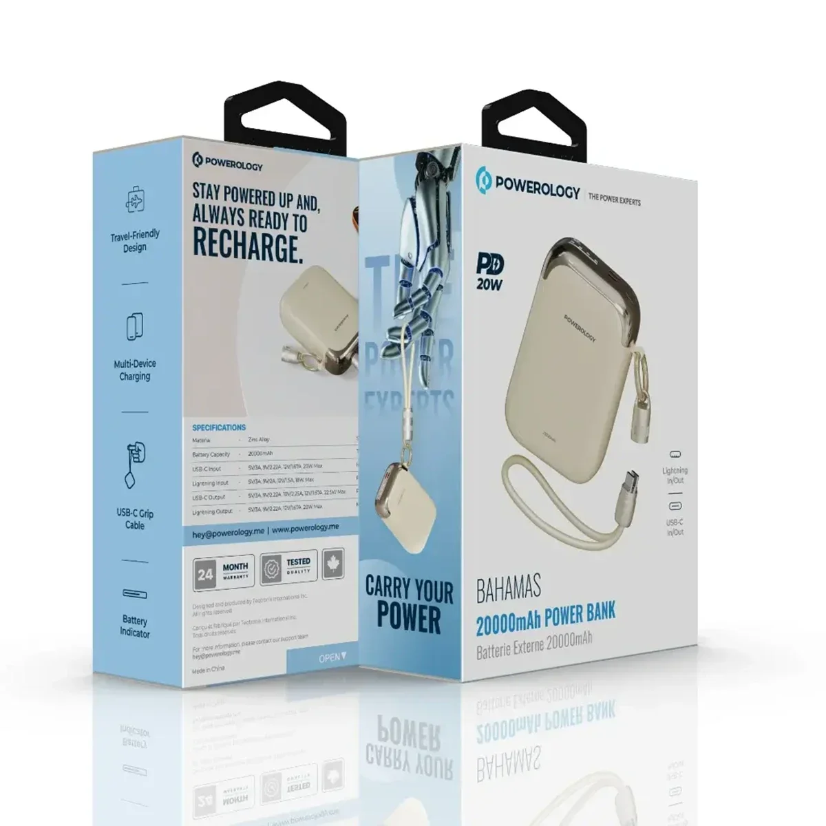 Bahamas 20000mAh Power Bank – 20W PD Fast Charging With Built-In Type-C And Lightning Cables
