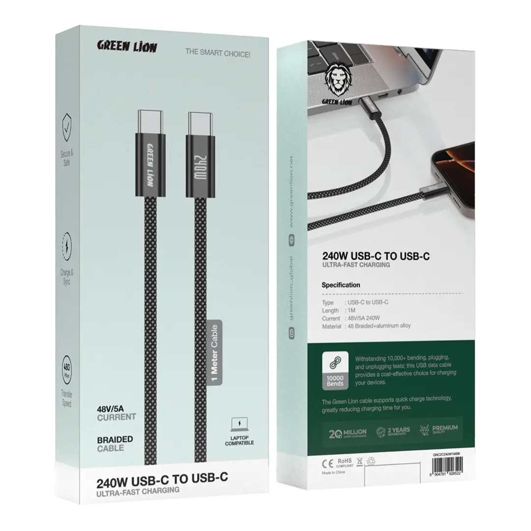 Green Lion 240W USB-C to USB-C Ultra Fast Charging 1m Braided Cable - Black