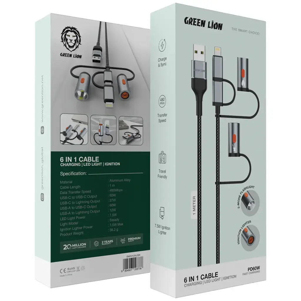 Green Lion 6 in 1 Cable PD 60W - Black