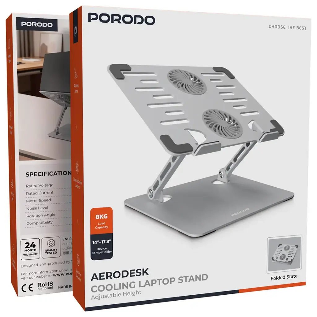 Porodo Aerodesk Laptop Stand  with Fan - Silver