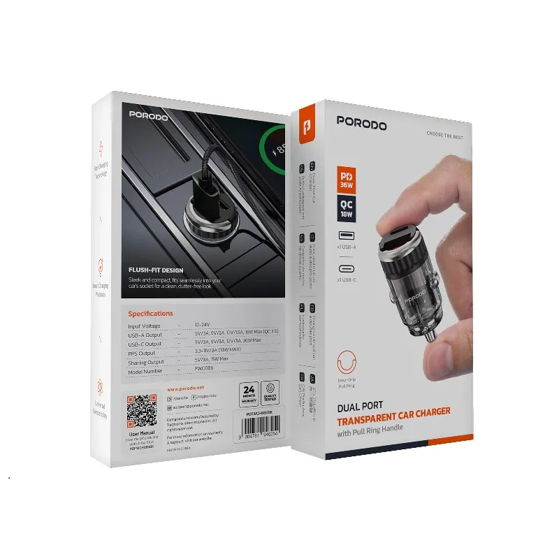 Porodo Dual Port Transparent Car Charger With Pull Ring Handle - Black