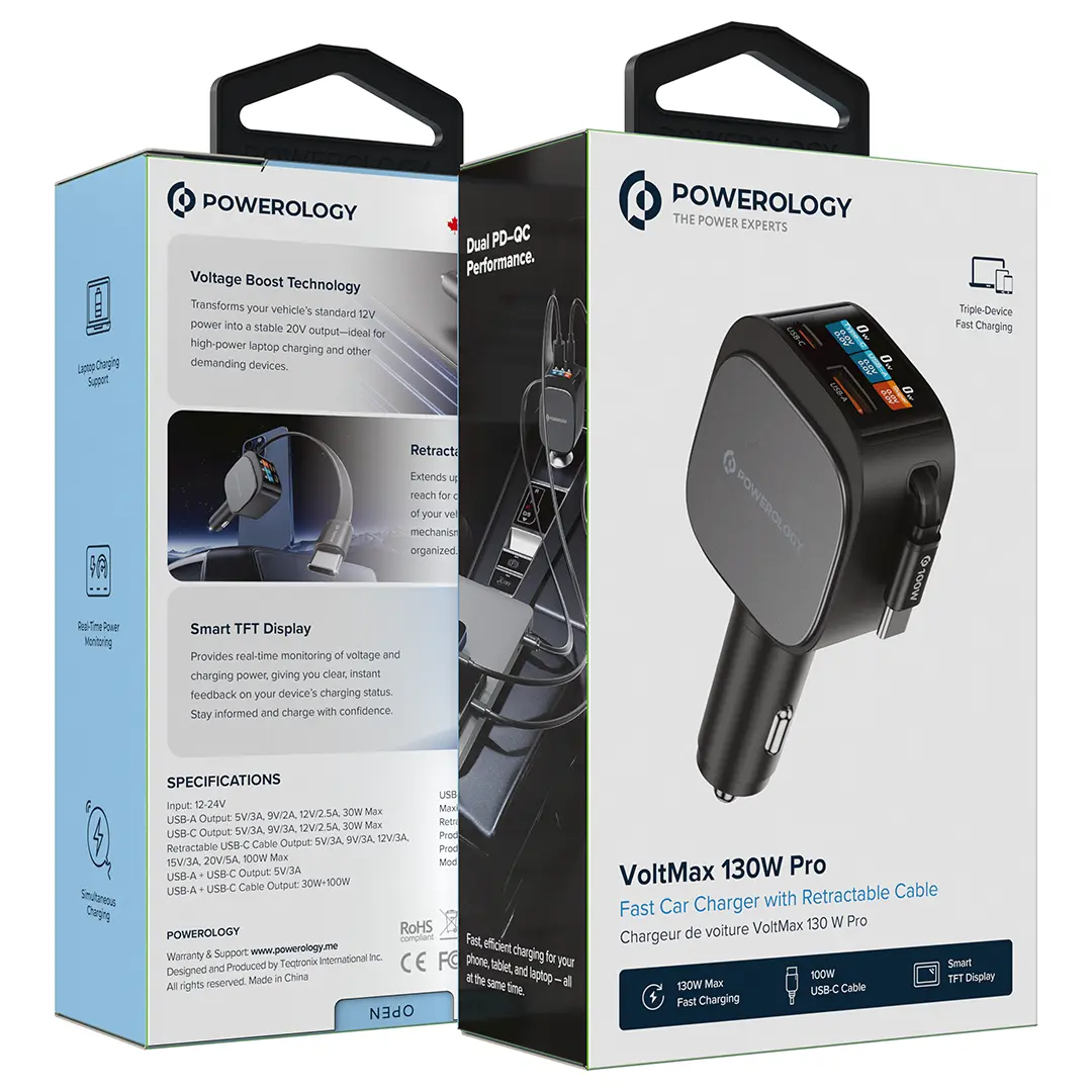 Powerology Car Charger with Car with PD 130W Retractable