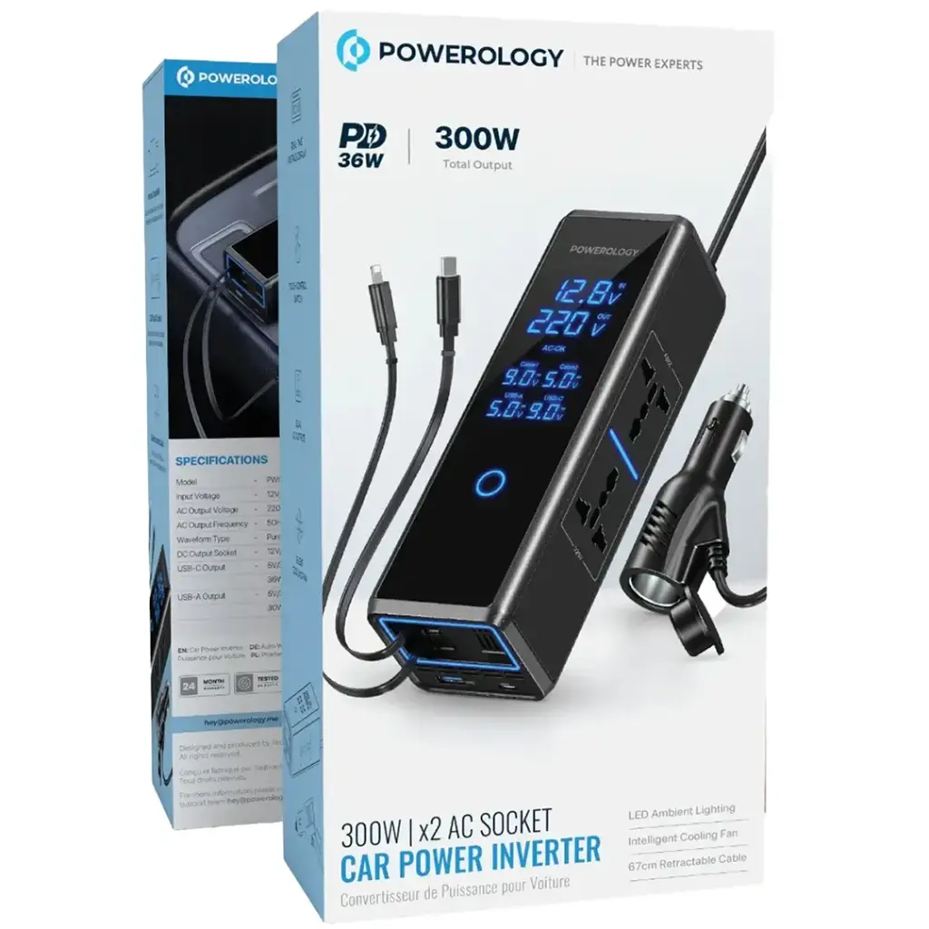 Powerology 300W Car Power Inverter with Retracter Cable