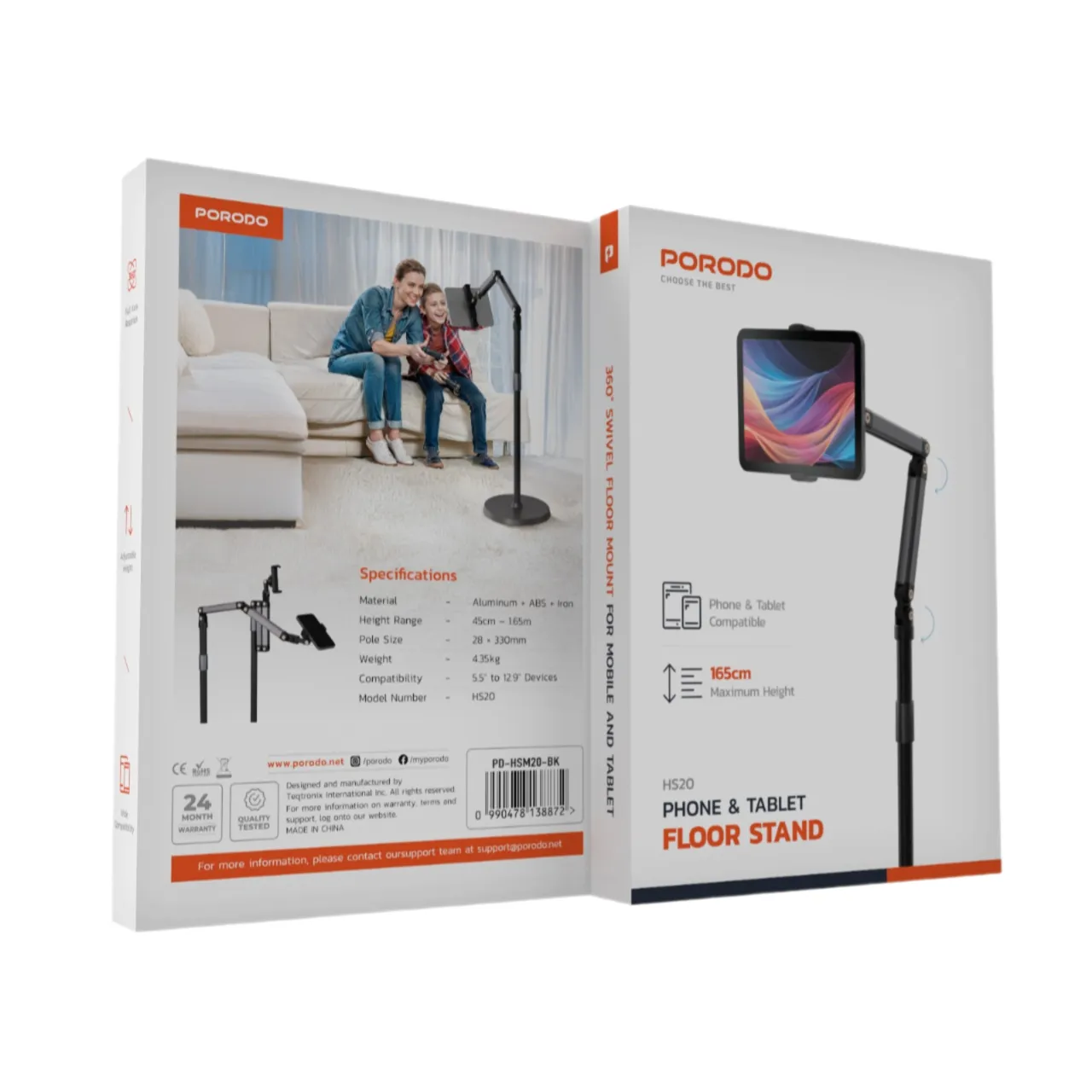 Porodo 360° Rotatable & Adjustable Cantilever Bracket Phone & Tablet Floor Stand 1.65m
