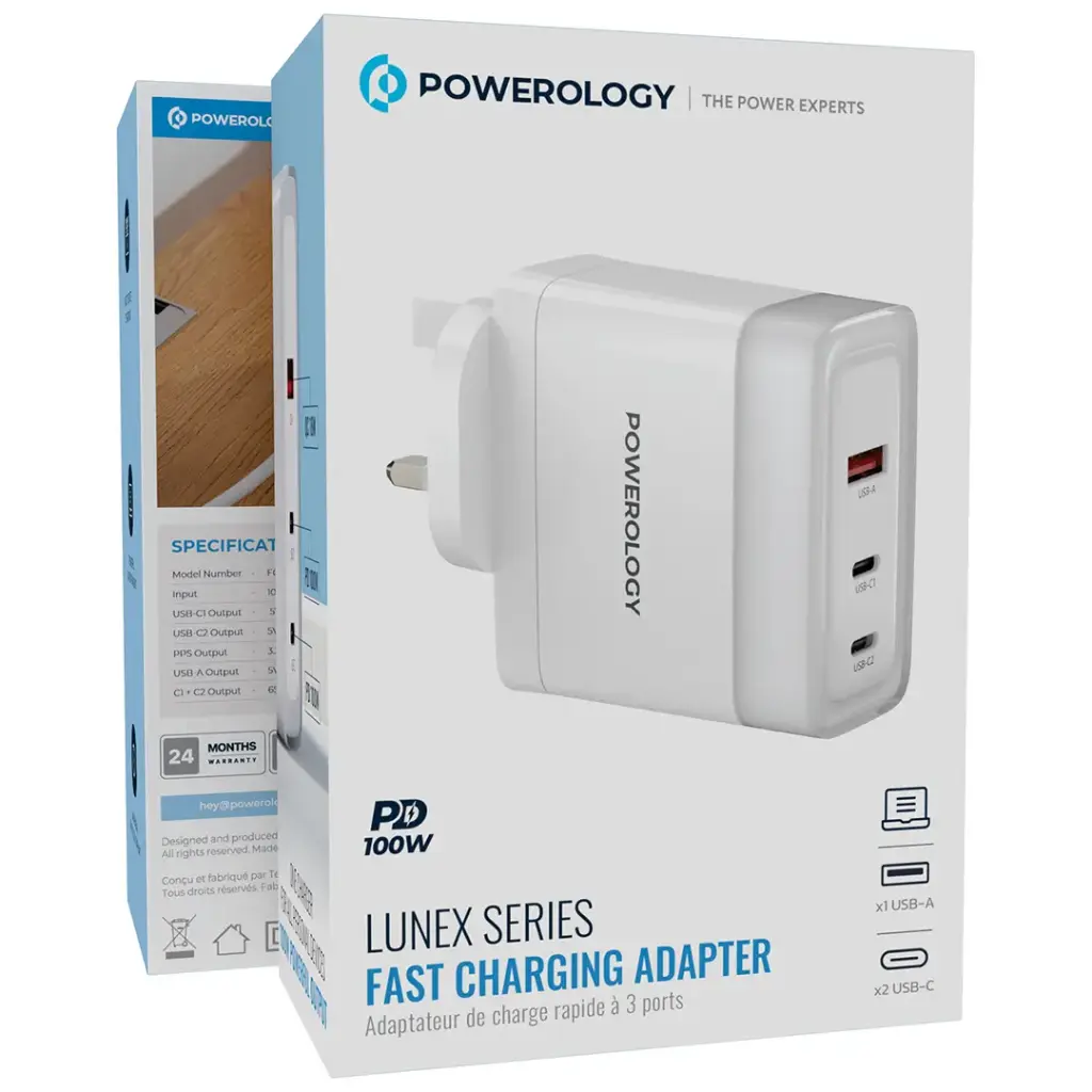 Powerology Lunex Series 3-Port Fast Charging Adapter 100w - White