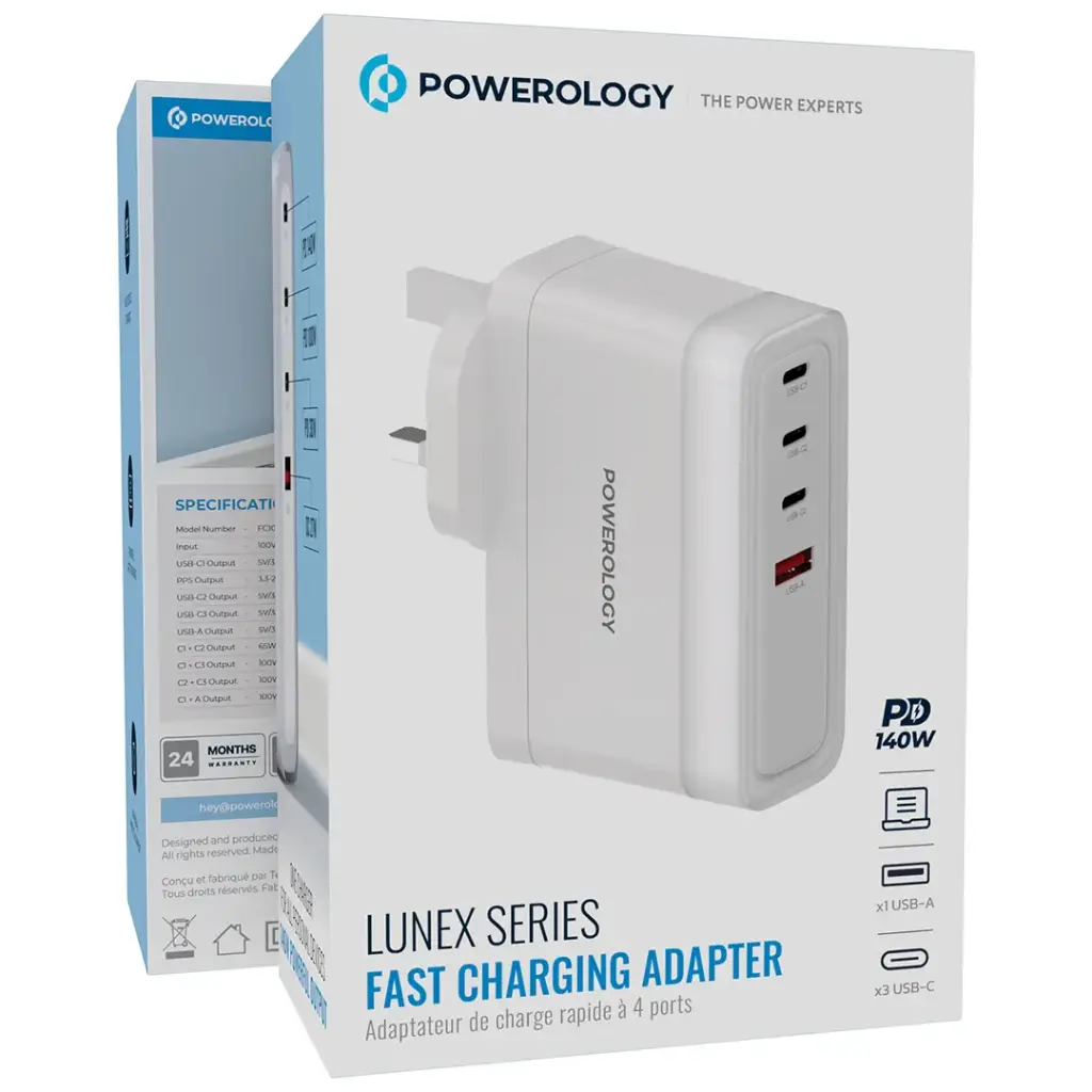 Powerology Lunex Series 4-Port Fast Charging Adapter 140w - White