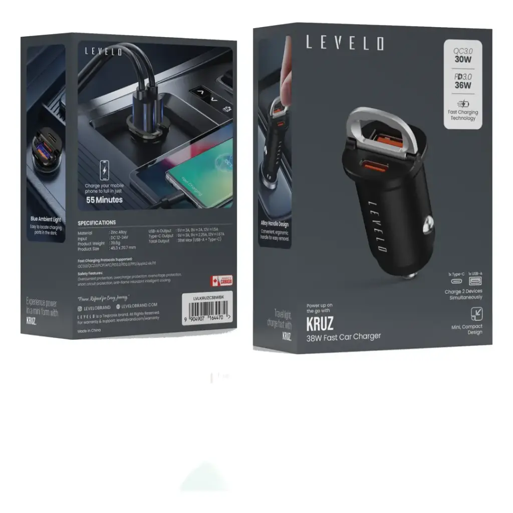 Levelo Kruz 38W Car Charger with C to C Cable - Black