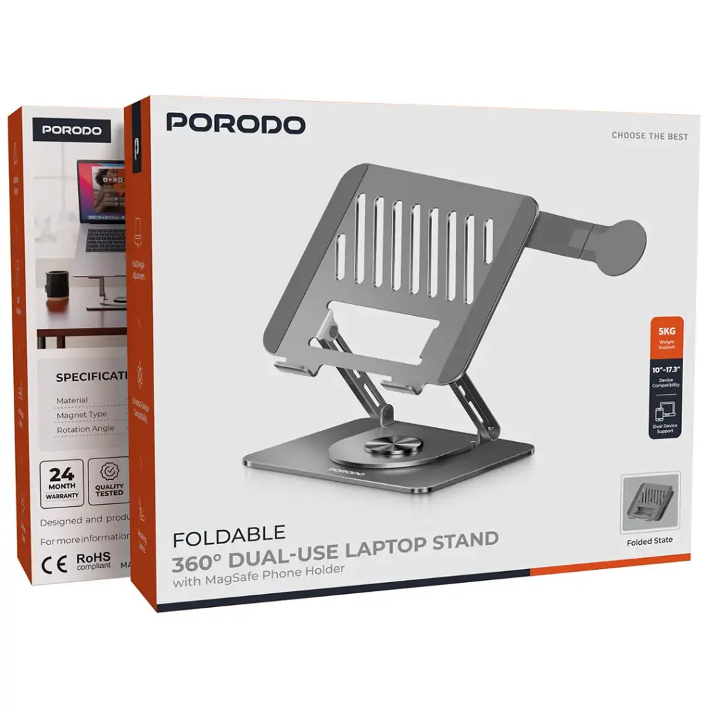 Porodo Foldable Laptop Stand with  Magsafe Holder with 360 Rotatable - Dark Grey