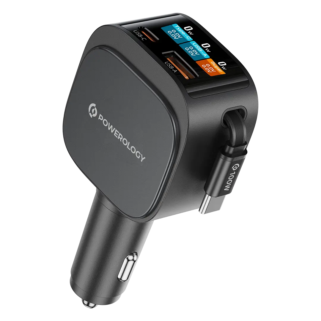 Powerology Car Charger with Car with PD 130W Retractable